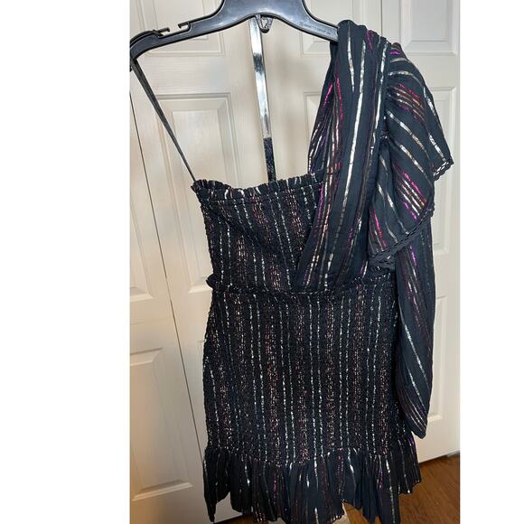 NWT Farm Rio Black Rainbow One Shoulder Metallic Lurex Stripes Mini Dress SZ XS - Picture 5 of 12